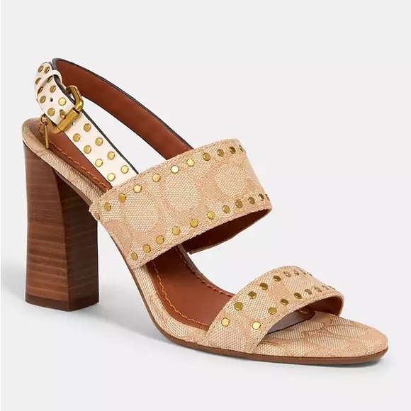 ✨ Coach Rylie Heeled Sandals Jacquard Monogram Signature Beige Neutral Studded ✨ - Picture 1 of 8